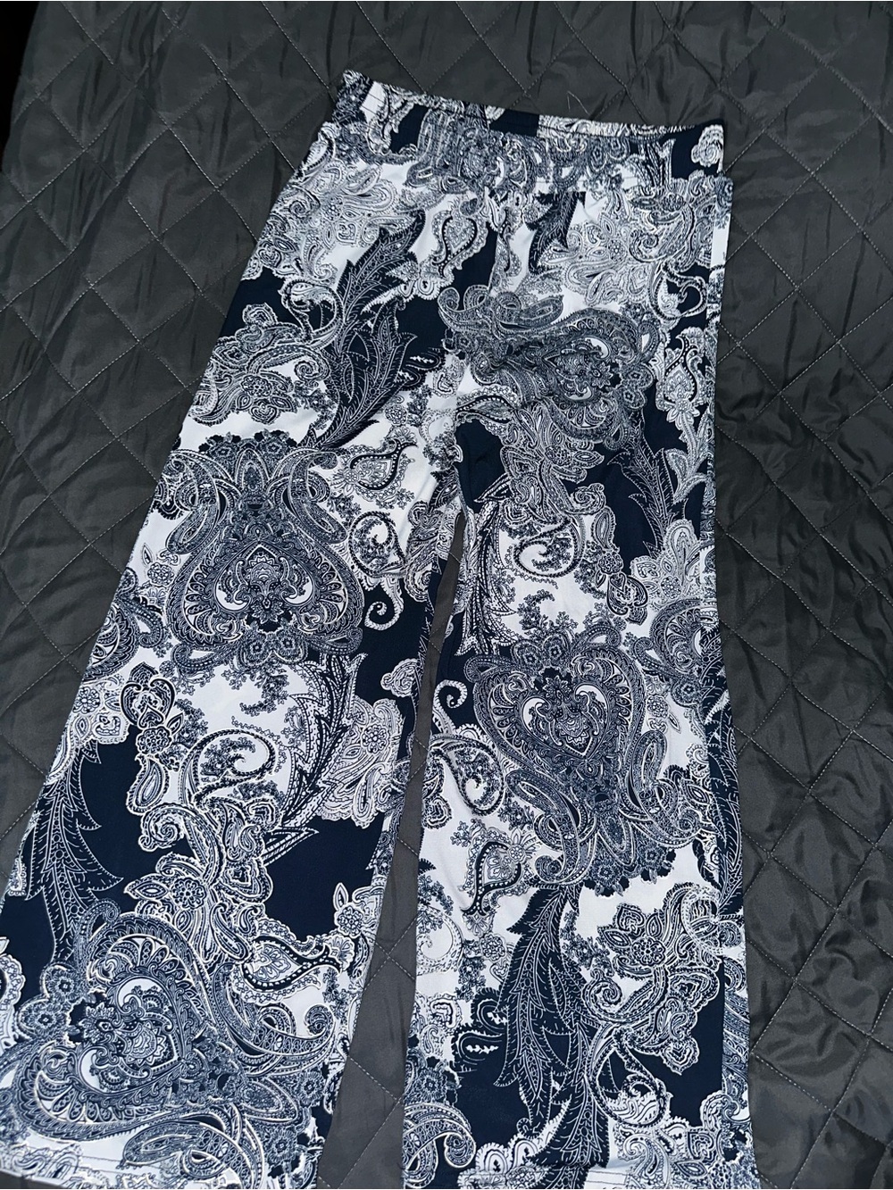 Printed Navy & White Paisley Wide-Leg Pull-On Pants